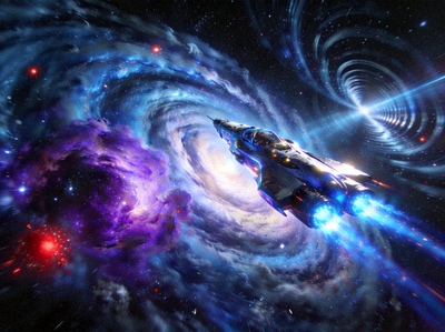 科幻电影特效场景，太空飞船穿越星系